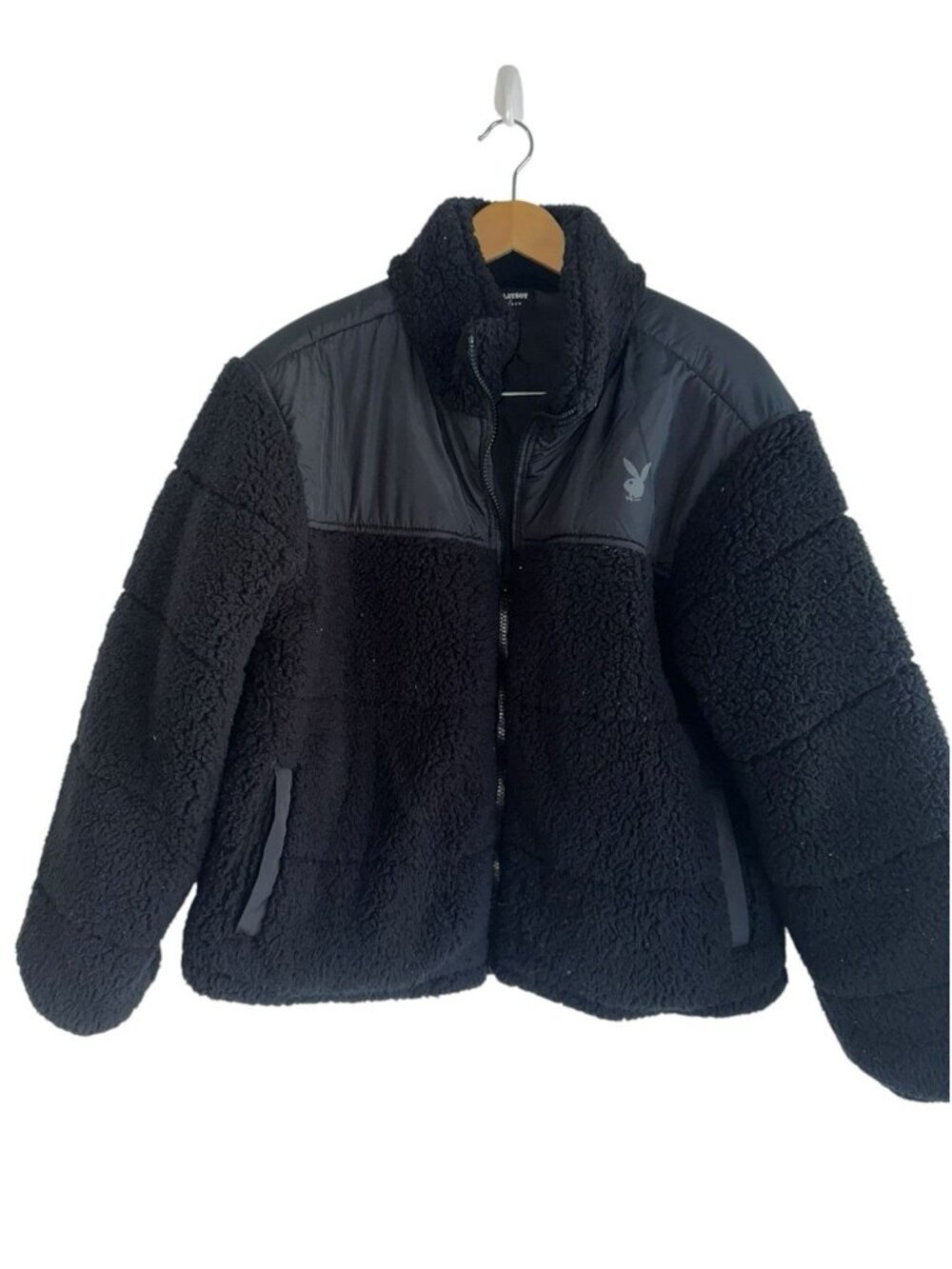 Playboy by PacSun Sherpa Jacket M/L Black Teddy Fleece Bunny Logo Y2k